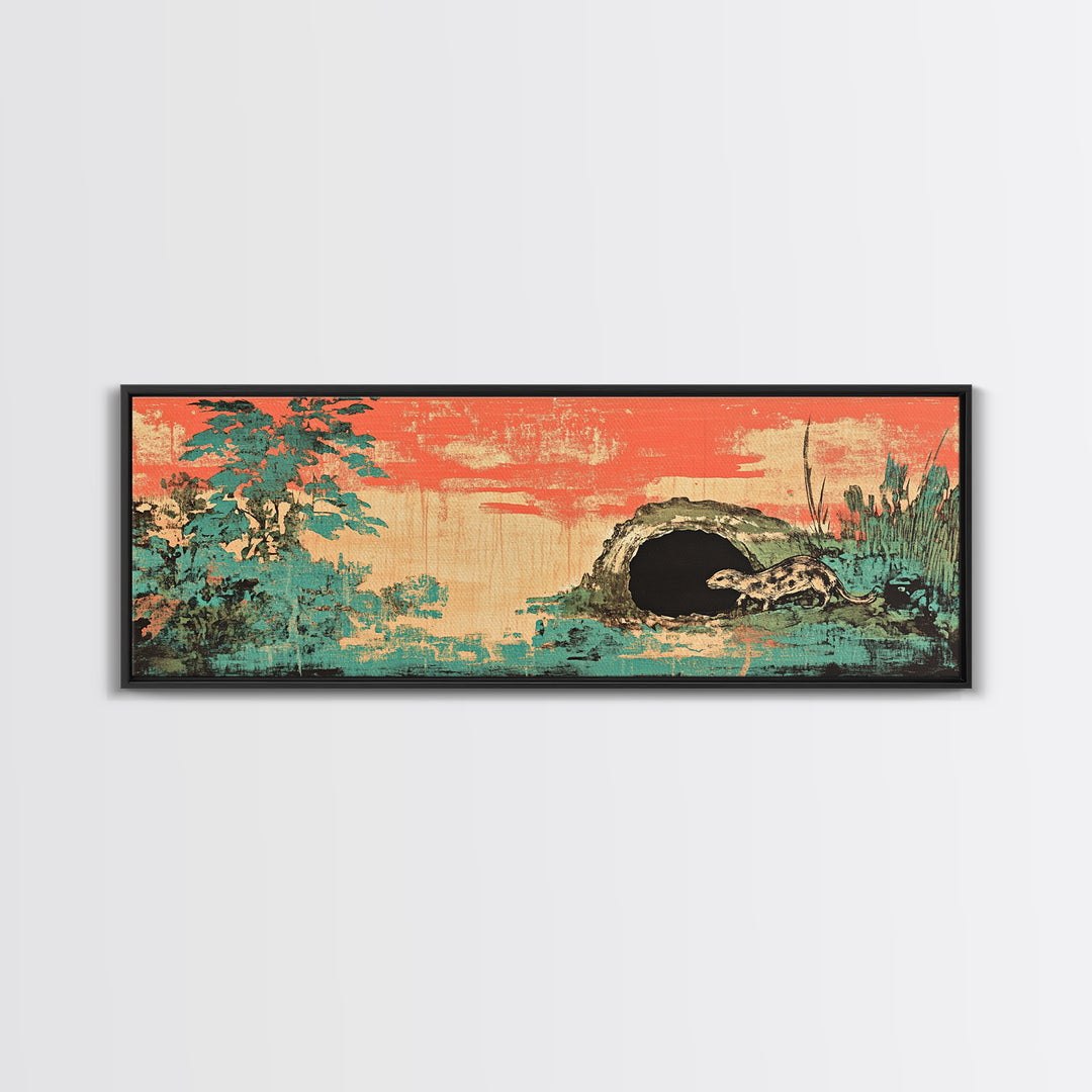 Teal Pine Forest And Moonlit Cave Wall Art, Japanese Landscape Print, Japandi Decor, Panoramic Canvas, Nature Home Decor