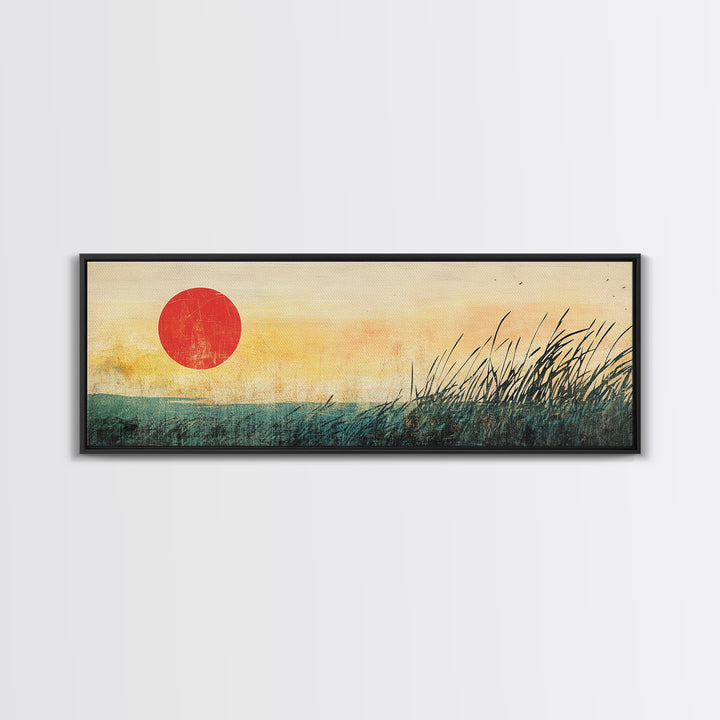 Red Sun Marsh Grass Wall Art, Minimalist Japanese Landscape Print, Zen Nature Decor, Horizontal Canvas, Calming Living Room Decor