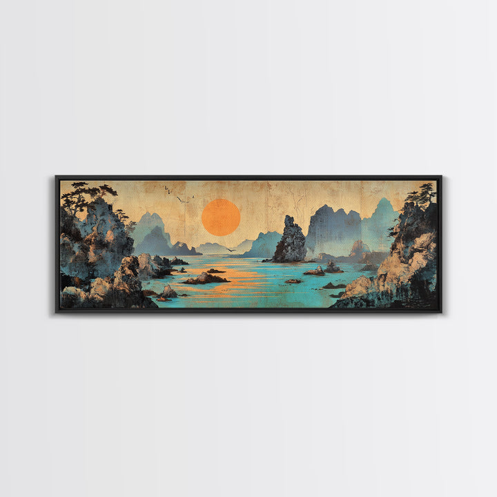 Turquoise Karst Bay Sunset Wall Art, Asian Landscape Print, Japanese Wall Decor, Zen Coastal Art, Panoramic Canvas Print