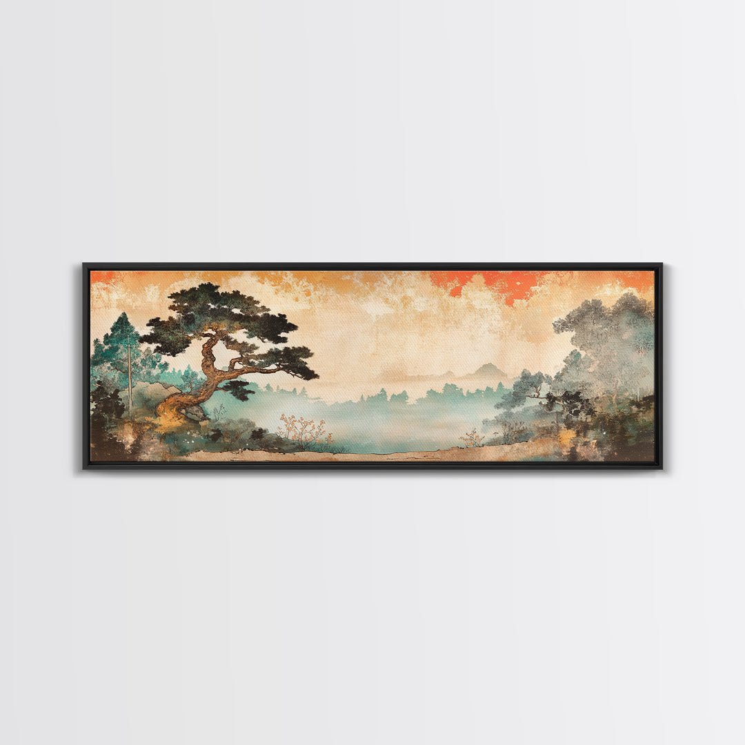Misty Pine Tree Mountain Wall Art, Japanese Landscape Print, Japandi Wall Decor, Serene Nature Art, Large Horizontal Canvas