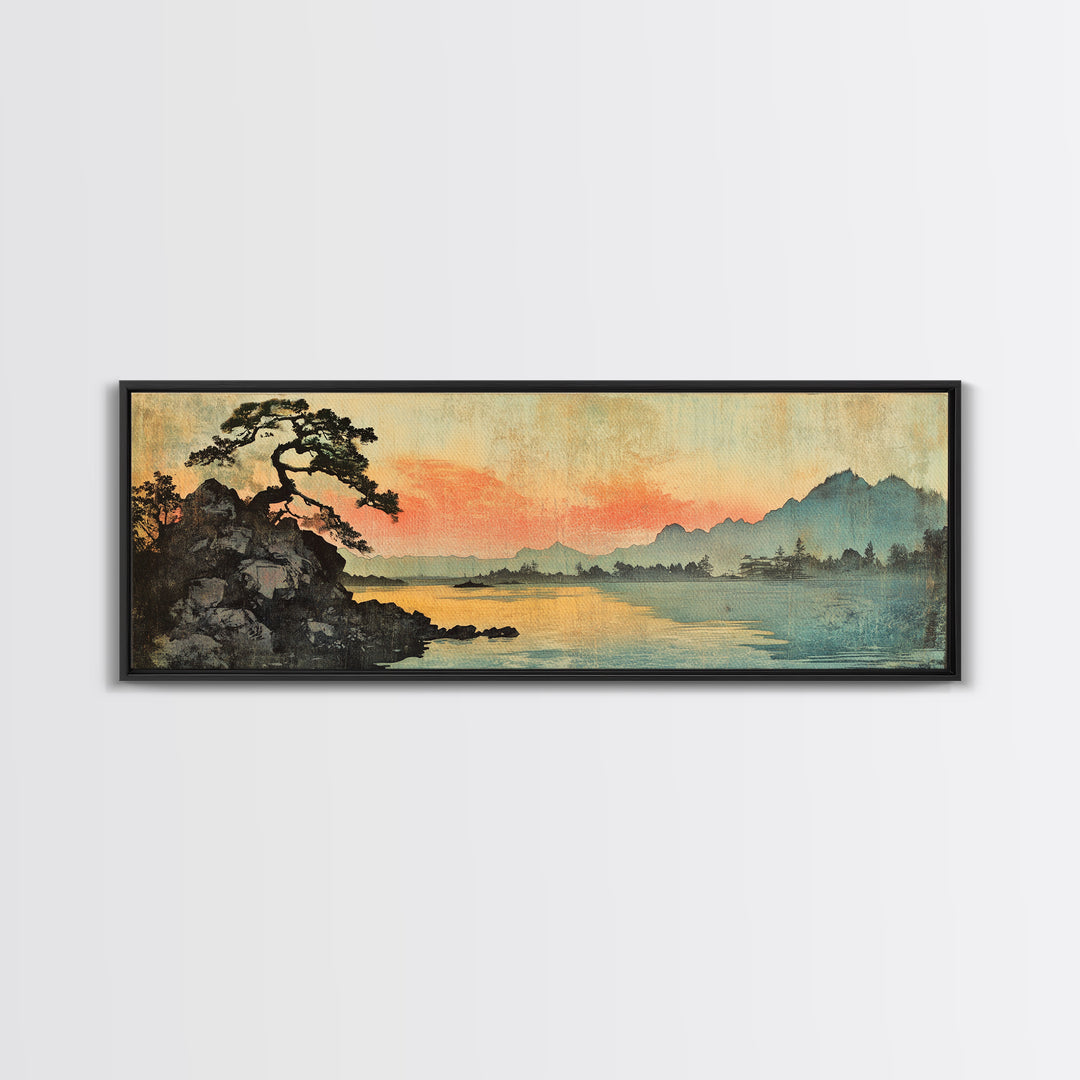Japanese Lake Sunset With Lone Pine Wall Art, Panoramic Landscape Print, Japandi Decor, Serene Living Room Wall Decor, Home Decor