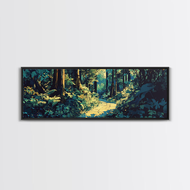 Sunlit Forest Path Through Ferns Wall Art, Nature Landscape Canvas Print, Woodland Decor, Calming Living Room Wall Art Print