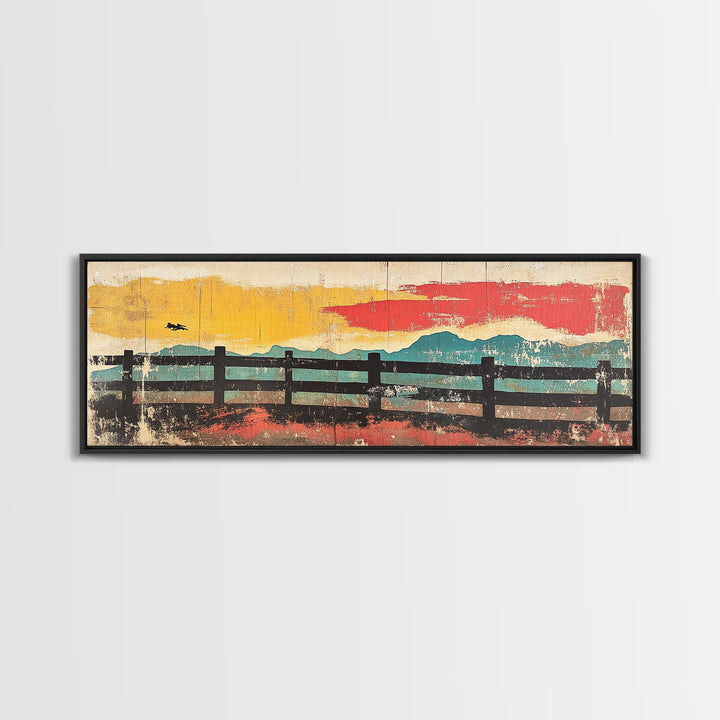 Rustic Fence And Mountain Horizon Wall Art, Abstract Landscape Canvas Print, Mid Century Modern Decor, Horizontal Wall Art
