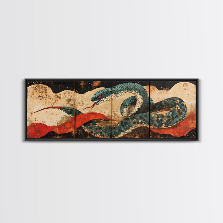 Teal Serpent With Red Sun Waves Wall Art, Japanese Snake Canvas, Ukiyo E Style, Asian Decor, Bold Wildlife Living Room Print