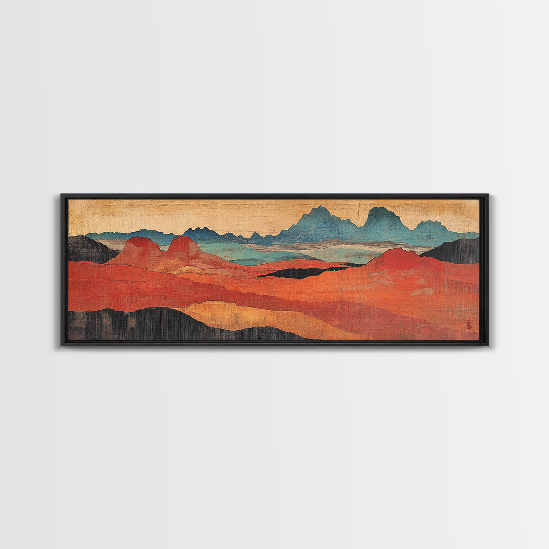 Red Orange Desert Hills Framed Canvas Print, Abstract Landscape Art, Southwestern Decor, Earth Tone Modern Living Room Wall Art
