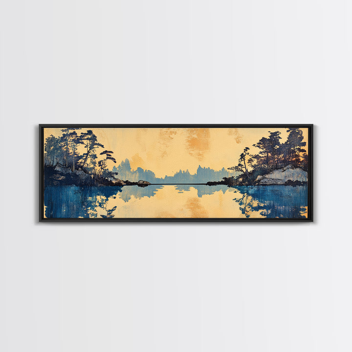 Blue Lake Pine Forest Reflections Canvas Print, Serene Nature Wall Art, Japandi Landscape Decor, Calming Living Room Print