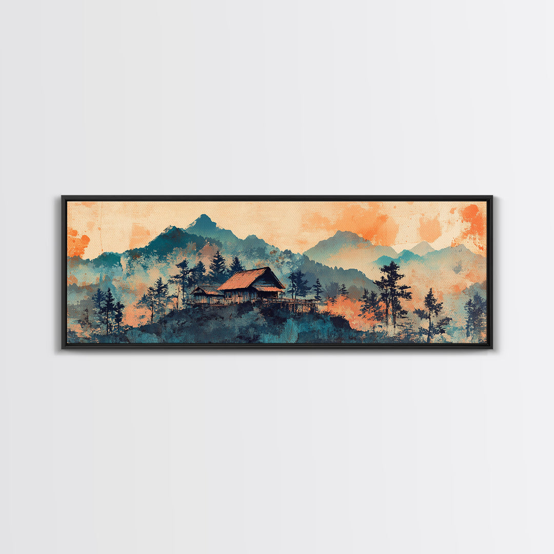 Mountain Cabin At Peach Sunrise Wall Art, Watercolor Landscape Print, Rustic Nature Decor, Cozy Bedroom Living Room Canvas