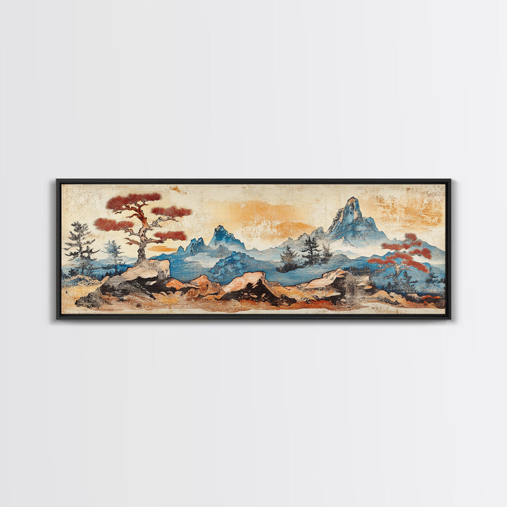 Zen Rock Garden With Blue Mountains Wall Art, Japanese Landscape Print, Wabi Sabi Decor, Serene Japandi Living Room Canvas