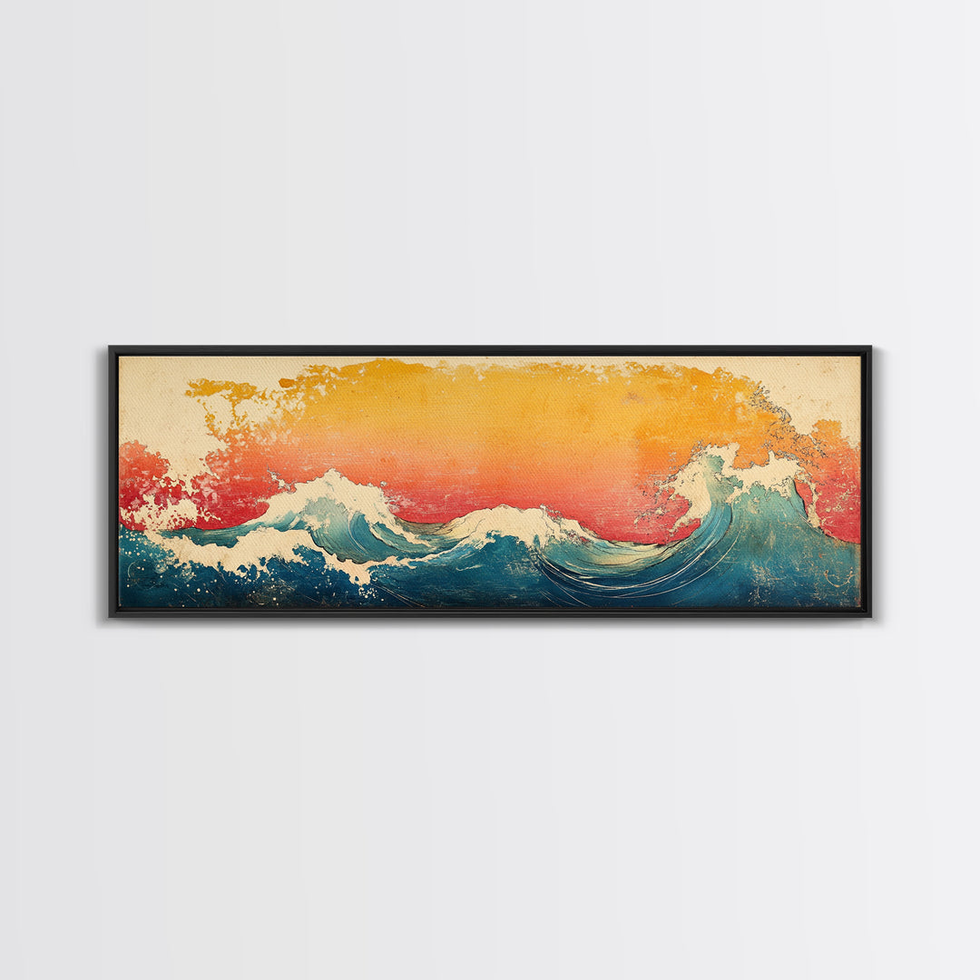 Great Wave At Golden Sunset Canvas Print, Japanese Ocean Wall Art, Hokusai Inspired Coastal Decor, Blue Living Room Print