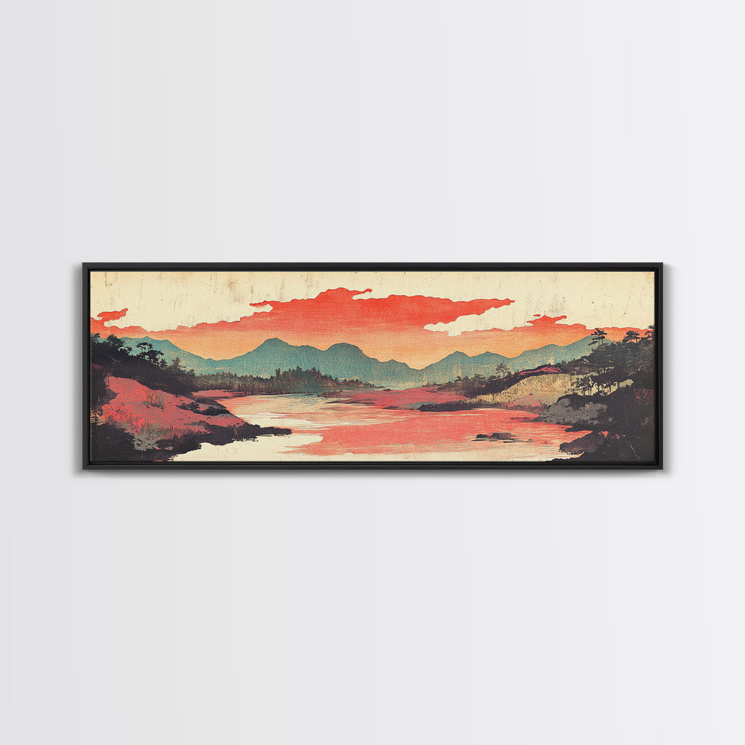 Coral Sky River Valley Wall Art, Japanese Mountain Landscape Print, Long Horizontal Canvas, Modern Living Room Decor, Home Decor