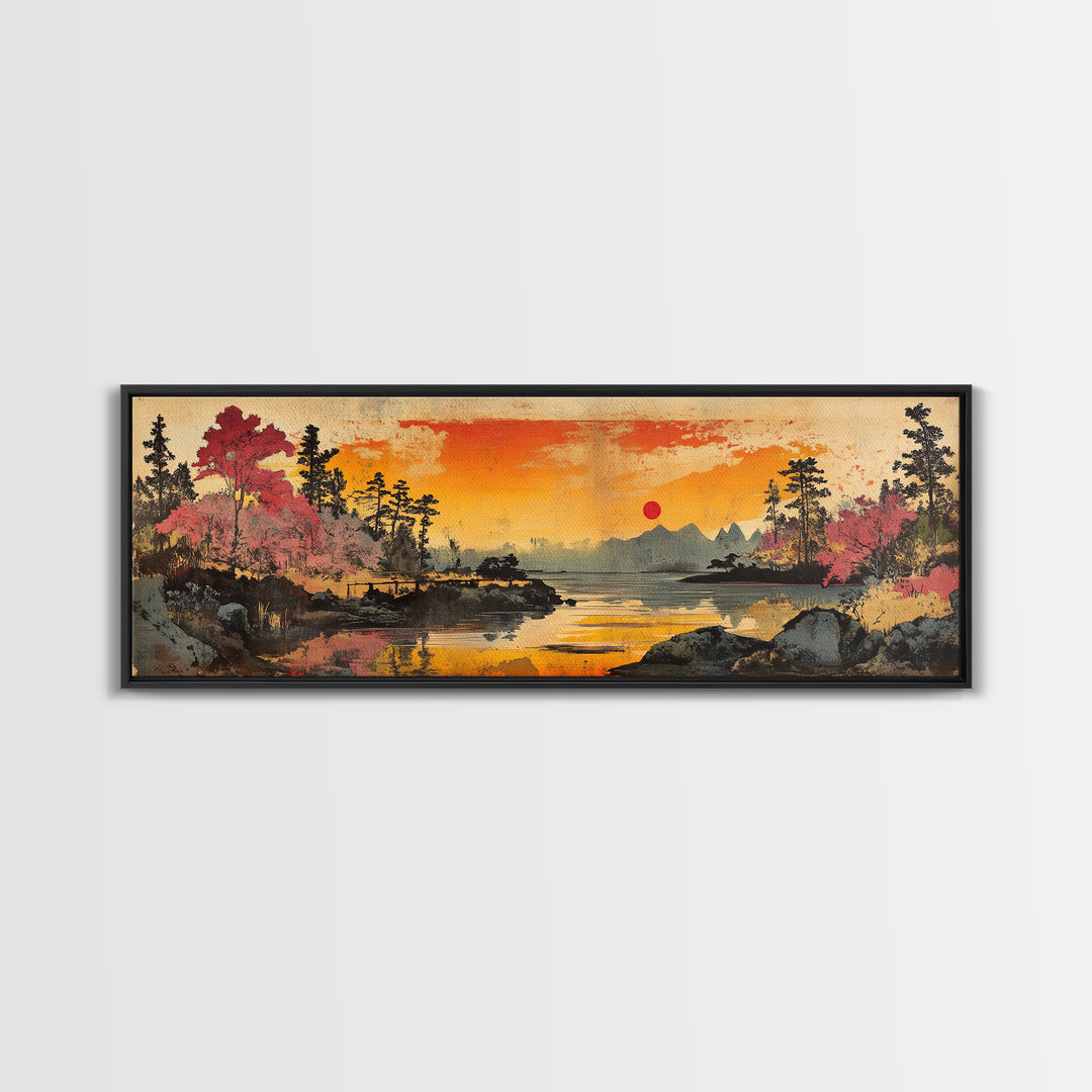 Orange Sunset Lake Wall Art, Cherry Blossom Landscape Canvas Print, Japanese Nature Decor, Panoramic Living Room Art Print