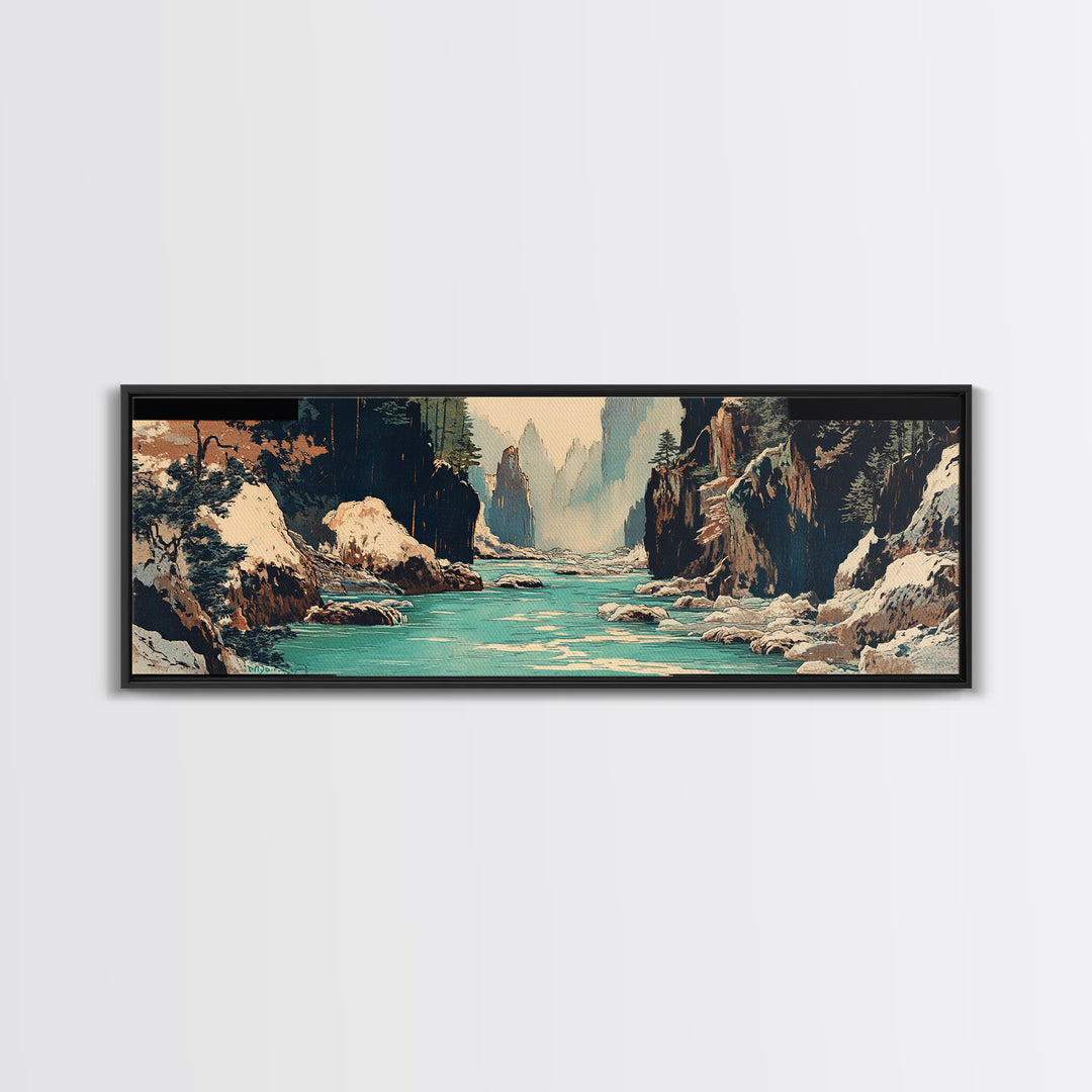Snowy Canyon River Wall Art, Turquoise Mountain Gorge Canvas Print, Japanese Landscape Decor, Large Horizontal Artwork Print