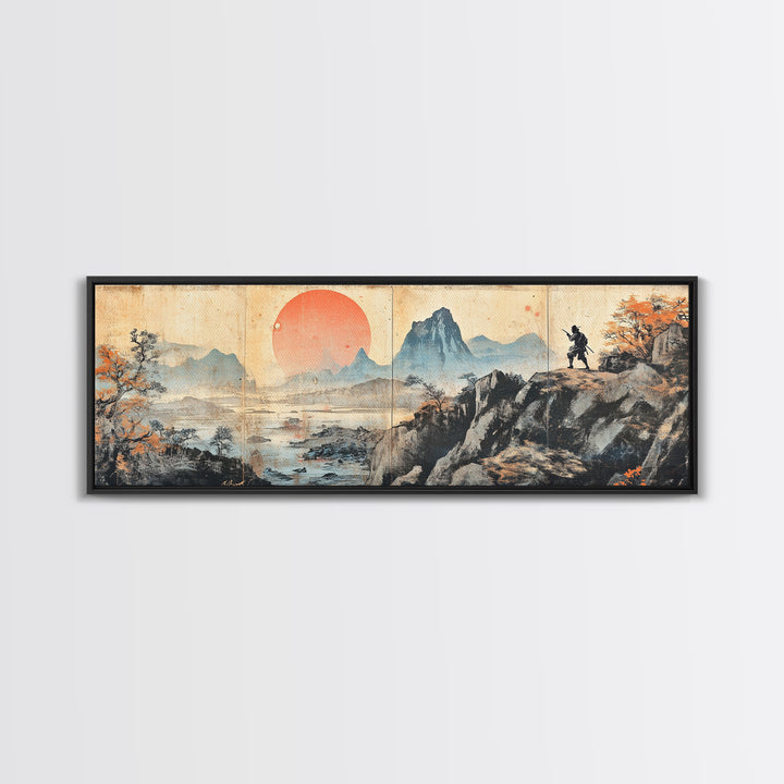 Samurai Mountain Sunset Wall Art, Japanese Landscape Triptych Canvas Print, Asian Wall Decor, Panoramic Living Room Art Print