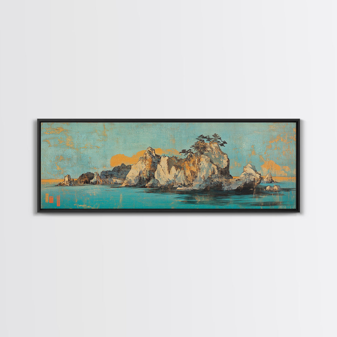 Turquoise Island Seascape With Rocky Pines, Japanese Wall Art, Coastal Landscape Print, Panoramic Canvas, Living Room Decor