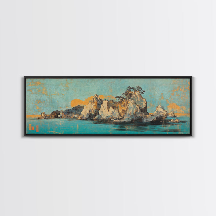 Turquoise Island Seascape With Rocky Pines, Japanese Wall Art, Coastal Landscape Print, Panoramic Canvas, Living Room Decor