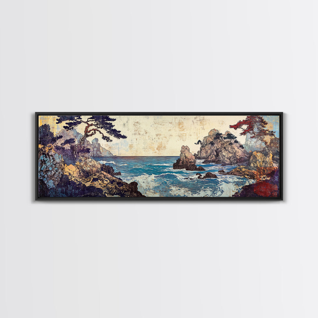 Pine Framed Rocky Cove, Japanese Wall Art, Coastal Seascape Canvas Print, Ocean Wall Decor, Panoramic Living Room Art, Home Decor
