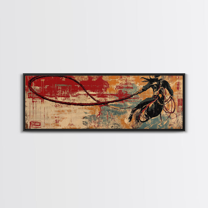 Western Lasso Rope On Red Teal Texture, Cowboy Wall Art, Rustic Canvas Print, Man Cave Decor, Western Home Decor Gift For Him