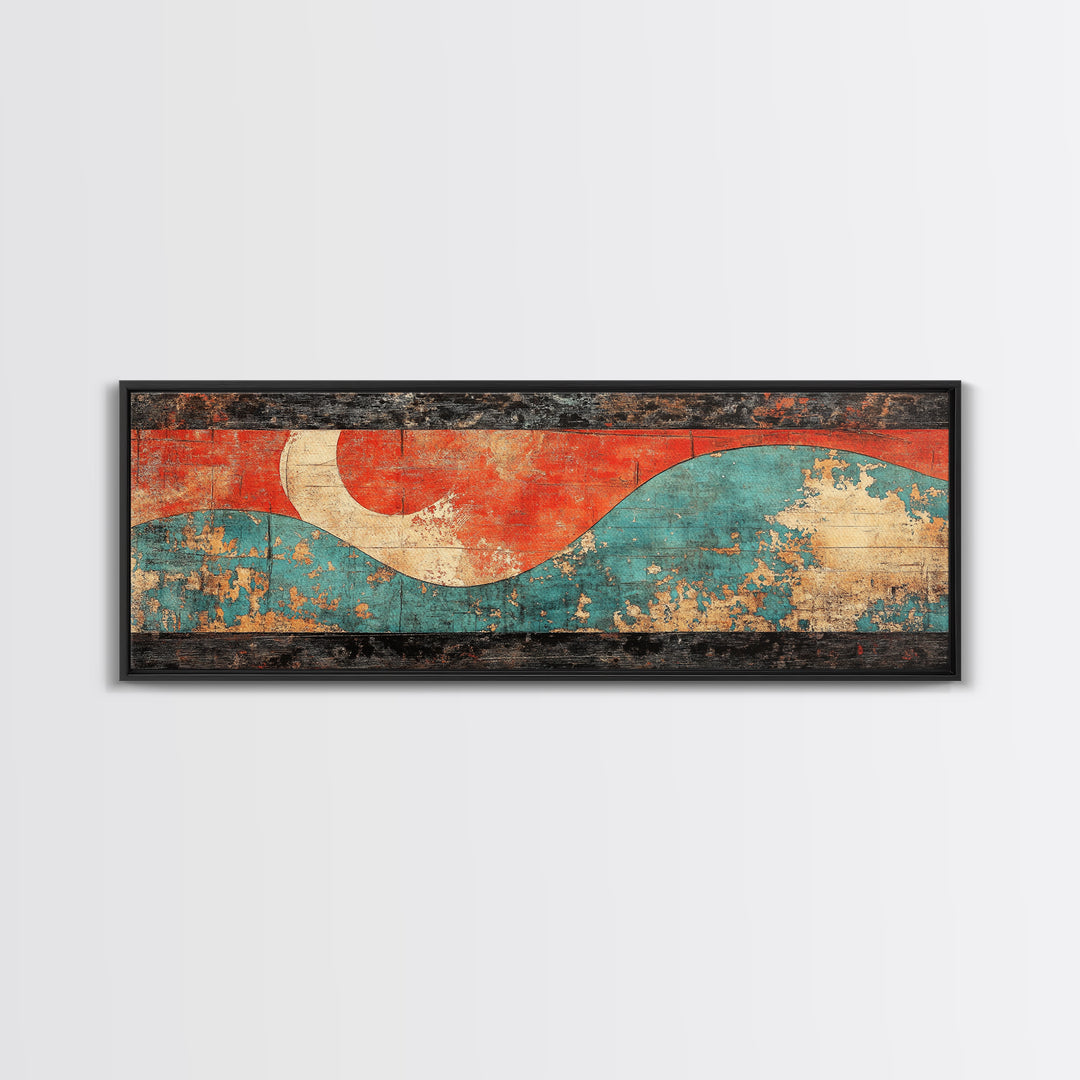 Red Sun And Teal Wave Wall Art, Japanese Coastal Canvas Print, Minimalist Abstract Seascape, Long Horizontal Living Room Wall Decor