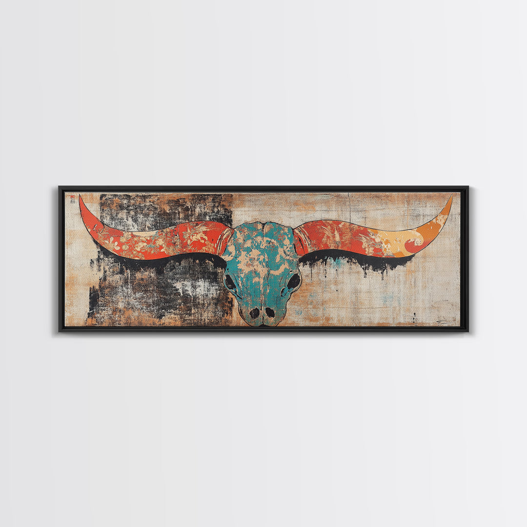 Turquoise Longhorn Skull Wall Art, Western Boho Canvas Print, Southwestern Rustic Decor, Long Horizontal Statement Artwork