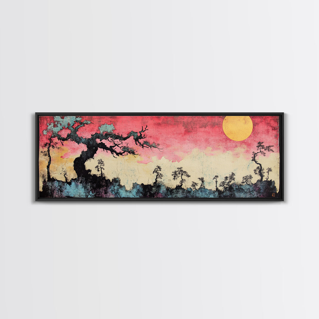 Pink Sunset Moon Tree Landscape Wall Art, Japanese Canvas Print, Dreamy Nature Decor, Long Horizontal Bedroom Wall Decor