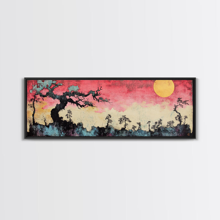 Pink Sunset Moon Tree Landscape Wall Art, Japanese Canvas Print, Dreamy Nature Decor, Long Horizontal Bedroom Wall Decor
