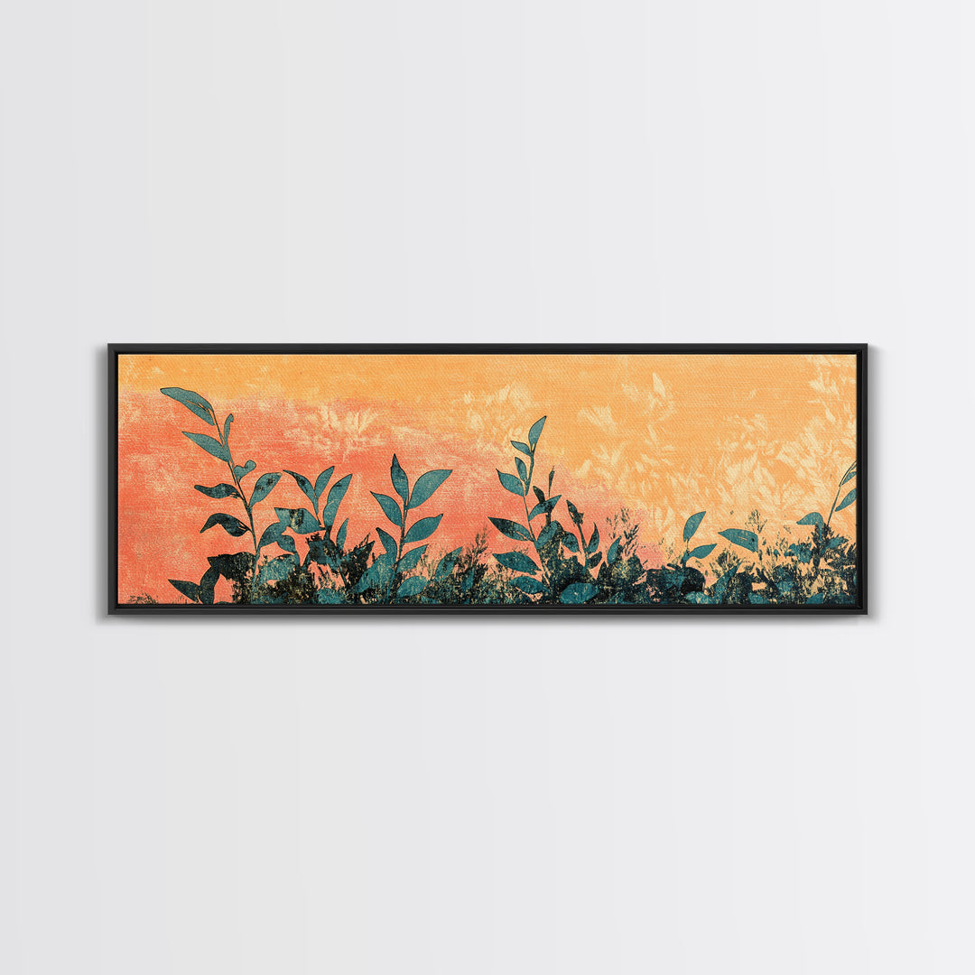 Orange Botanical Silhouette Wall Art, Nature Canvas Print, Boho Botanical Decor, Long Horizontal Living Room Wall Art Decor