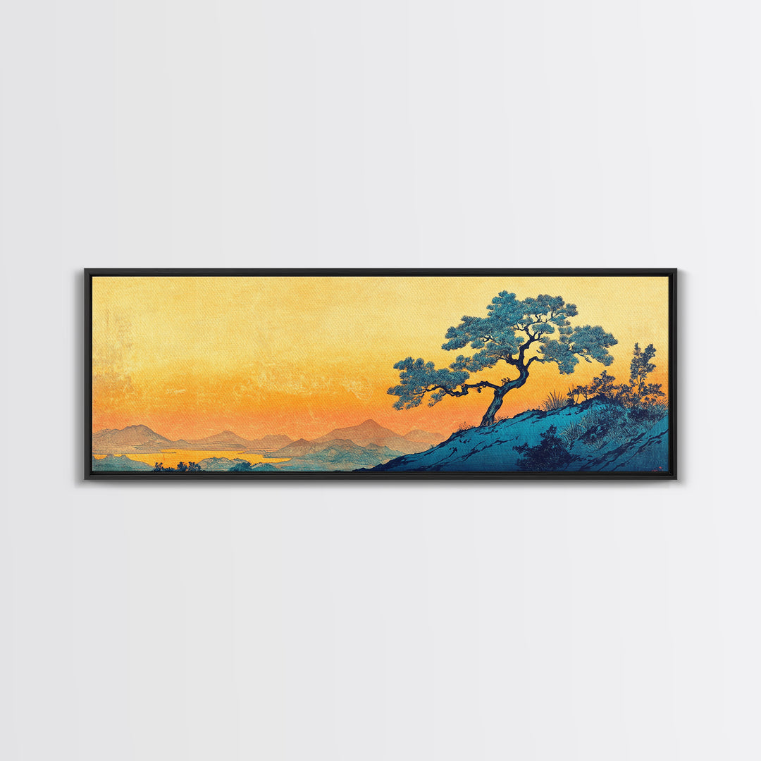 Blue Pine Tree Mountain Landscape Wall Art, Japanese Canvas Print, Serene Nature Decor, Long Horizontal Lake House Wall Decor