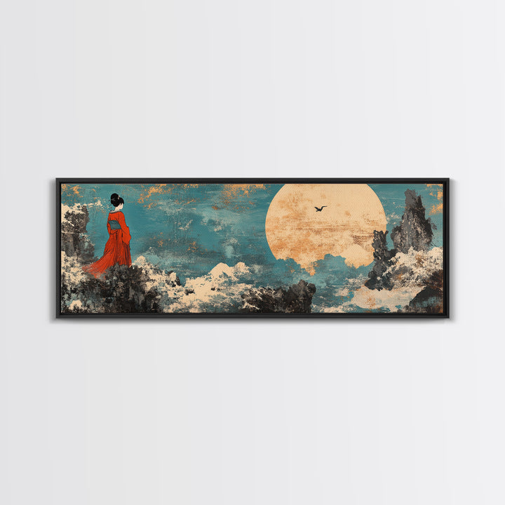 Red Kimono Woman Moon Wall Art, Japanese Landscape Canvas Print, Asian Inspired Decor, Dreamy Japandi Bedroom Art Gift For Her