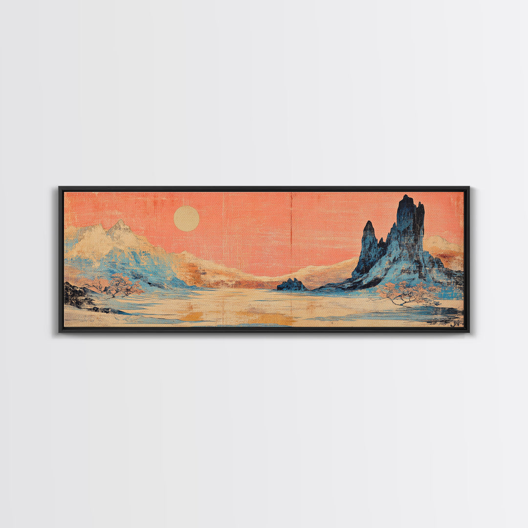 Pastel Desert Mountain Landscape Wall Art, Southwestern Canvas Print, Pink Sky Neutral Decor, Long Horizontal Above Bed Art
