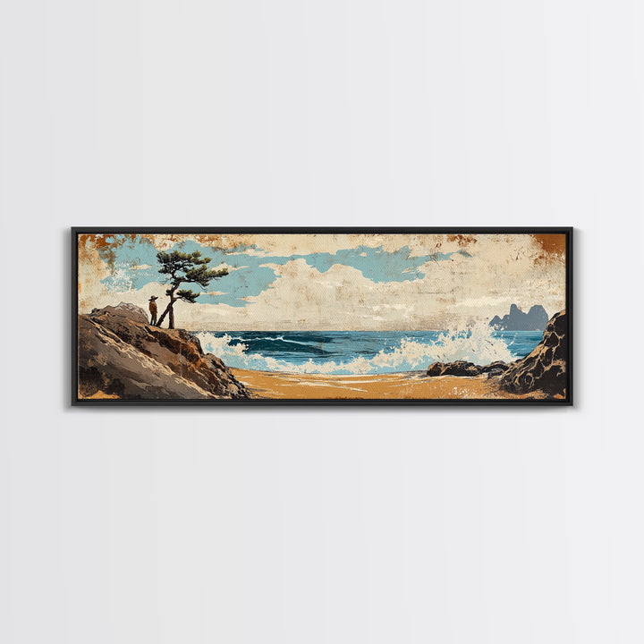 Coastal Lone Pine Beach Canvas Print, Ocean Wave Landscape Wall Art, Rustic Nautical Decor, Large Horizontal Art For Beach House Decor