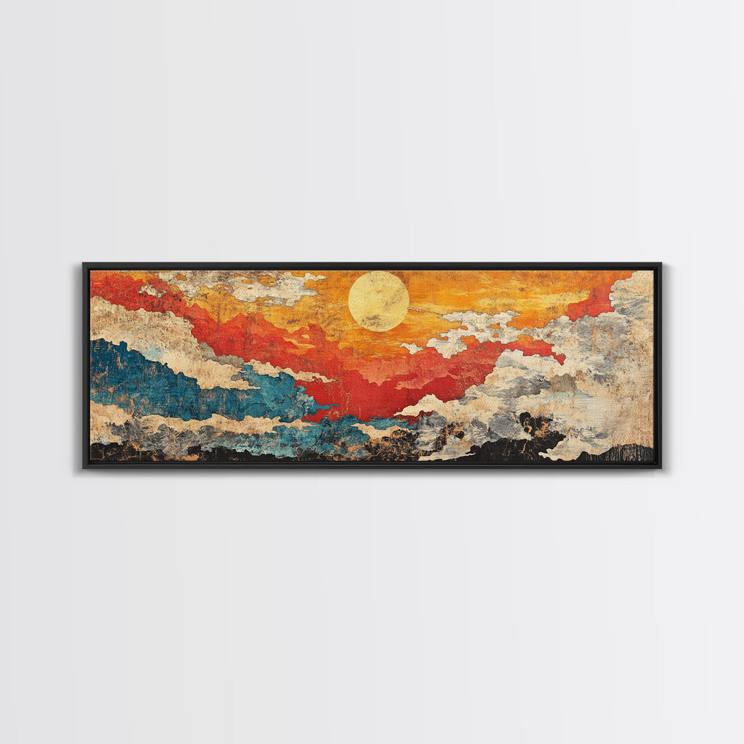 Abstract Red Gold Sunset Canvas Print, Textured Cloudscape Wall Art, Boho Modern Decor, Panoramic Living Room Art, Above Sofa Decor