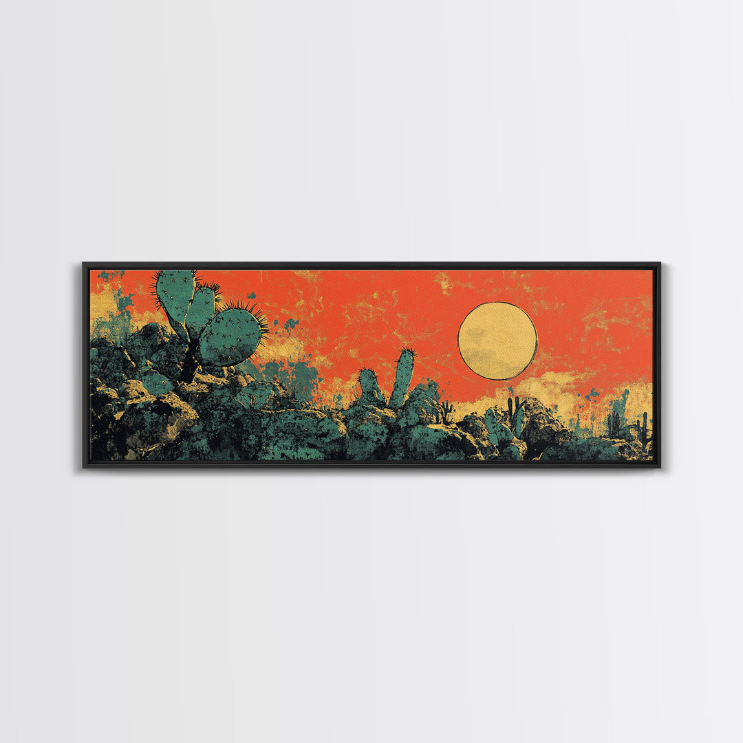 Desert Cactus Sunset Wall Art, Southwestern Landscape Canvas Print, Boho Western Decor, Warm Terracotta Home Decor Gift For Him