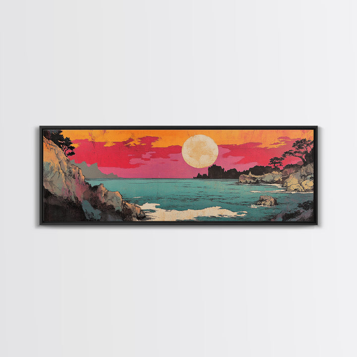Pink Sunset Over Turquoise Cove Canvas Print, Japanese Coastal Wall Art, Ocean Seascape Decor, Beach House Wall Art Print
