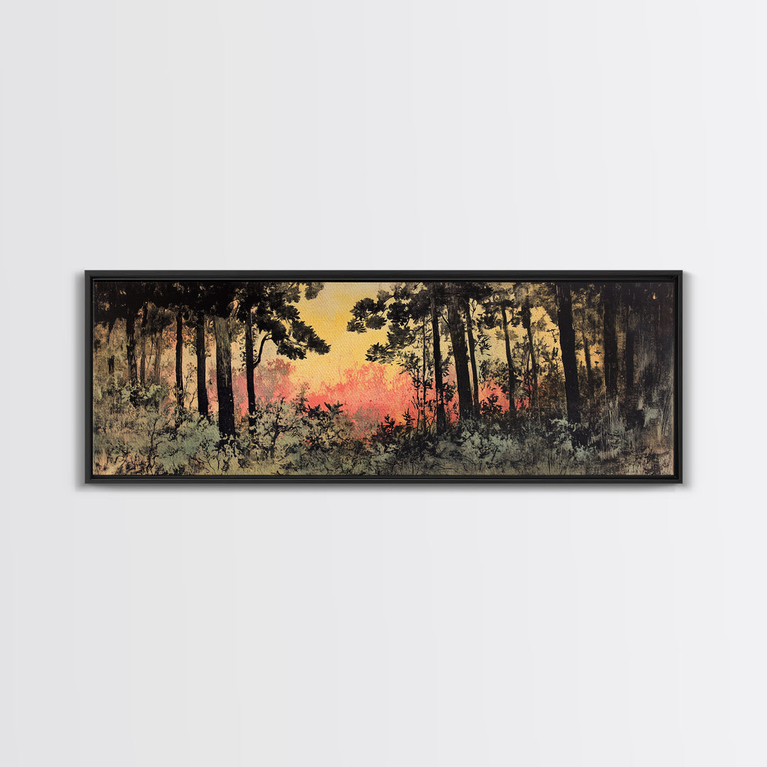 Dark Pine Forest At Pink Sunset Canvas Print, Moody Landscape Wall Art, Nature Wall Decor, Rustic Cabin Decor For Home Gift