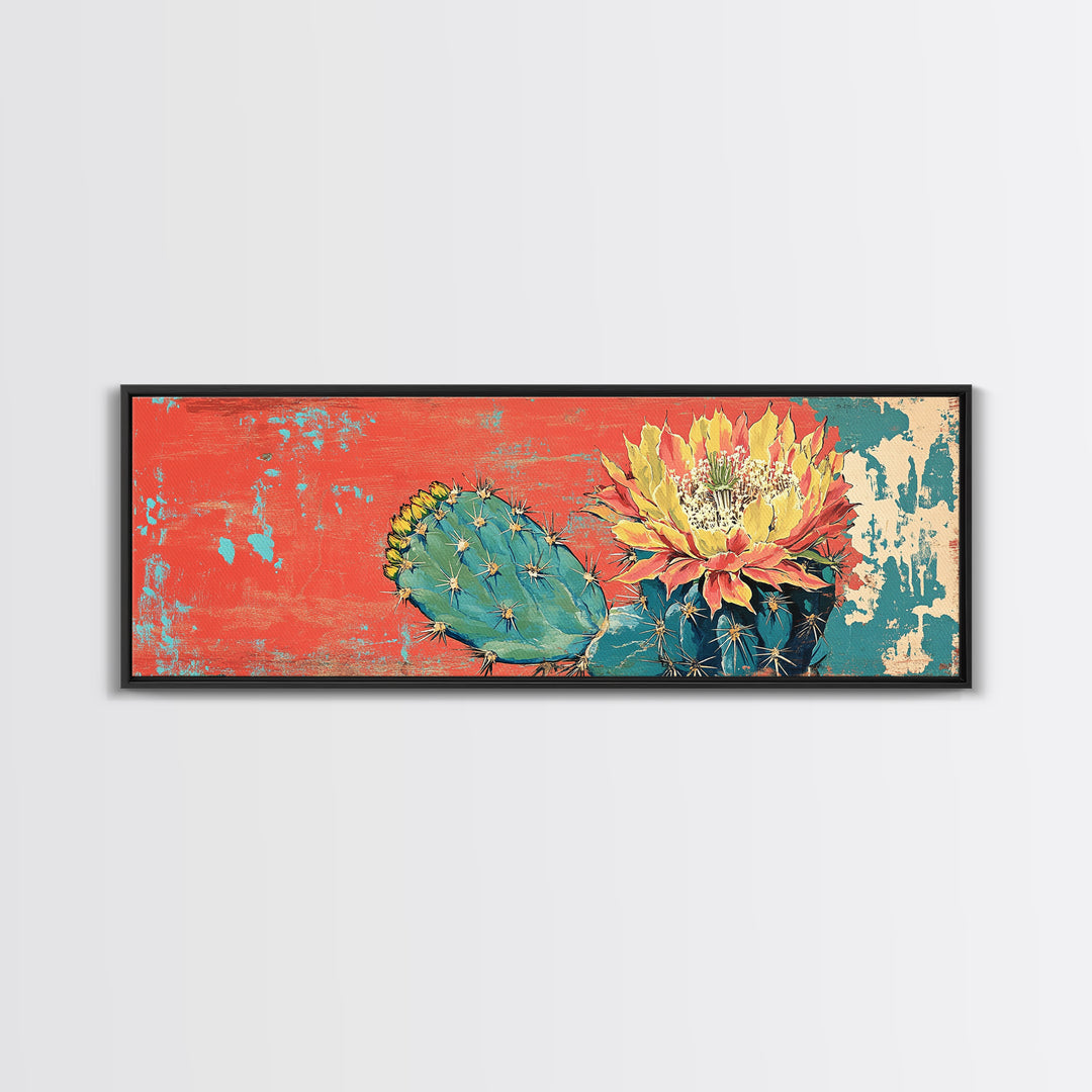 Blooming Desert Cactus On Coral Turquoise Texture Wall Art, Southwestern Canvas Print, Boho Desert Decor, Large Horizontal Art