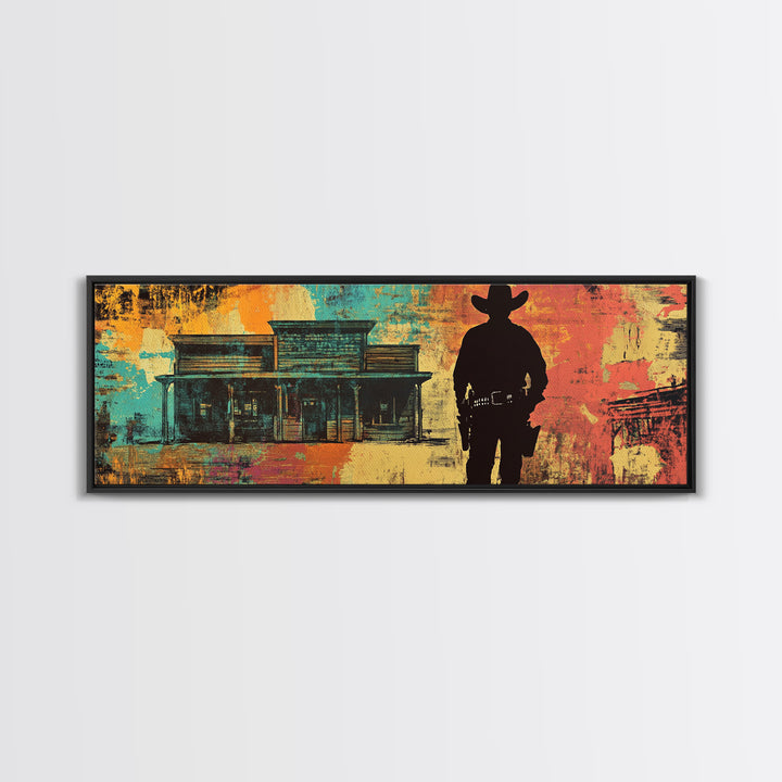 Cowboy Silhouette Beside Old Saloon Wall Art, Western Framed Canvas Print, Rustic Man Cave Decor, Southwest Statement Art