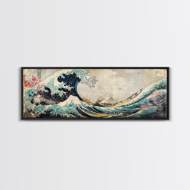 Japanese Great Wave With Soft Pastel Mountains Wall Art, Ukiyo E Framed Canvas Print, Coastal Japandi Decor, Ocean Art Print
