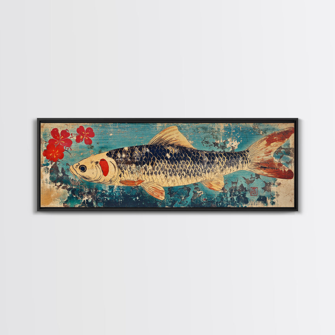 Koi Fish With Red Blossoms On Blue Texture Wall Art, Japanese Framed Canvas Print, Asian Decor, Nature Inspired Art Print
