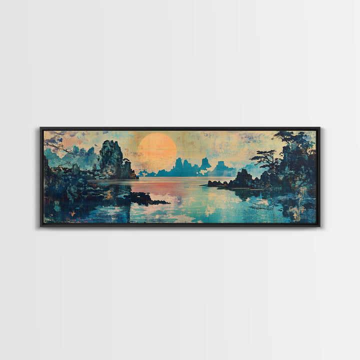 Serene Lake Sunset Framed Canvas Print, Japanese Landscape Wall Art, Coastal Home Decor, Living Room Art, Housewarming Gift