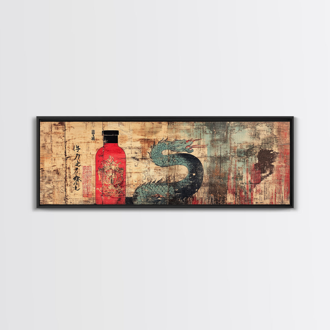 Red Sake Bottle And Dragon Wall Art, Asian Inspired Canvas Print, Japanese Decor, Kitchen Wall Decor, Gift For Him, Home Decor