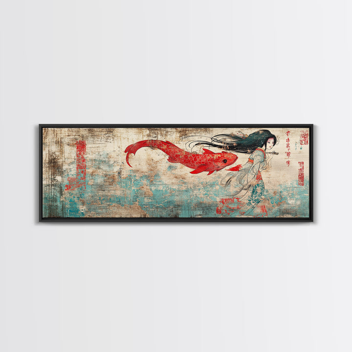 Red Koi Mermaid Wall Art, Asian Fantasy Canvas Print, Japanese Wall Decor, Whimsical Art, Bedroom Decor, Gift For Her, Home Decor
