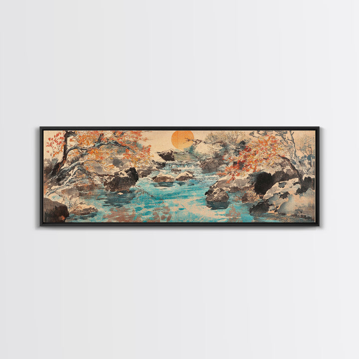 Autumn River Rocks Wall Art, Japanese Landscape Canvas Print, Nature Wall Decor, Rustic Home Decor, Calming Living Room Art
