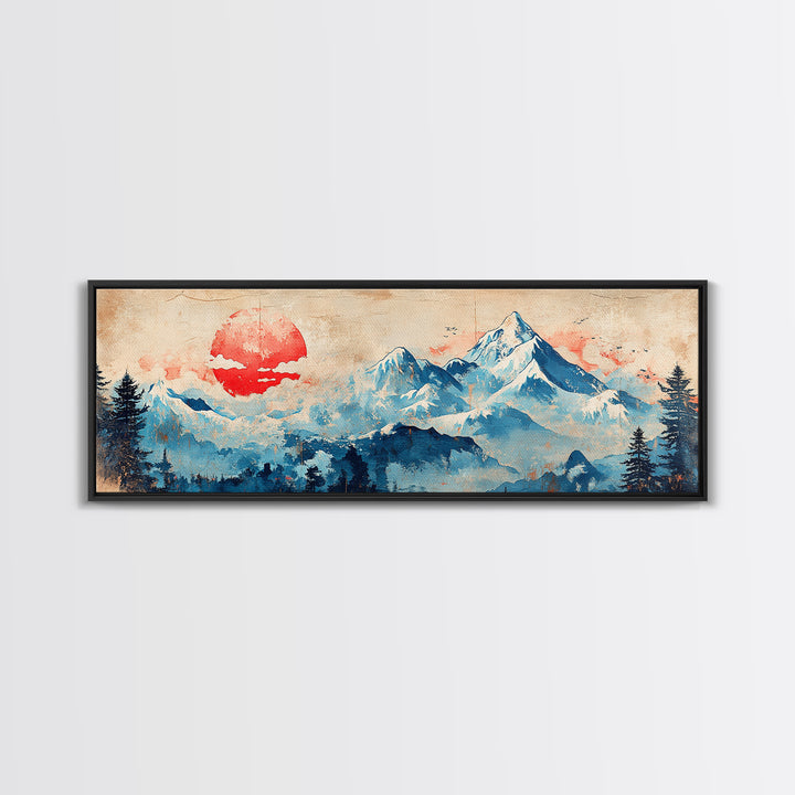 Blue Snowy Mountains And Red Sun Wall Art, Japanese Landscape Canvas Print, Minimalist Decor, Above Bed Art, Home Decor Print