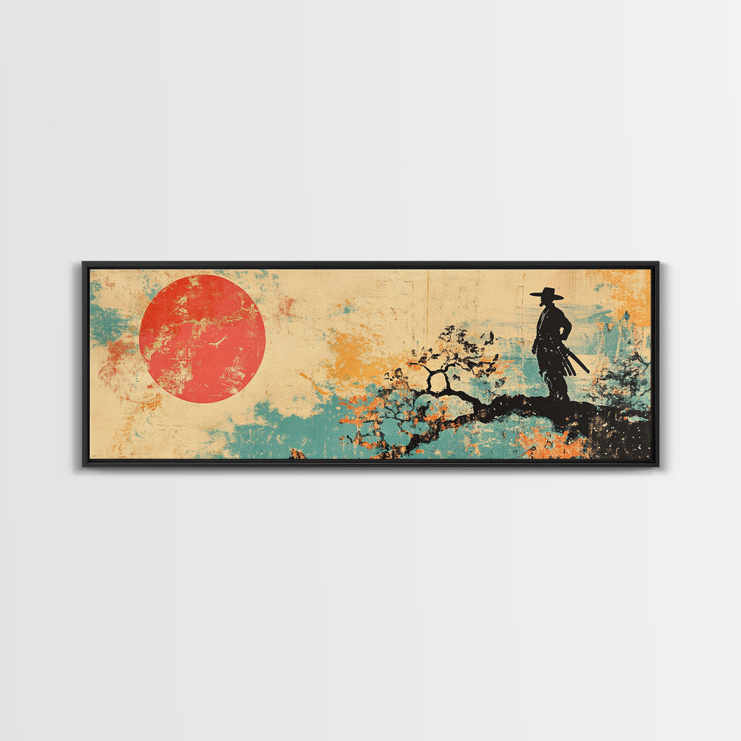 Samurai At Red Sun Wall Art, Japanese Warrior Silhouette Canvas, Asian Inspired Decor, Long Horizontal Zen Landscape Print