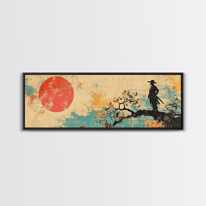 Samurai At Red Sun Wall Art, Japanese Warrior Silhouette Canvas, Asian Inspired Decor, Long Horizontal Zen Landscape Print