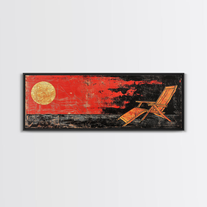 Red Sunset Beach Chair Wall Art, Coastal Lounge Canvas Print, Tropical Home Decor, Summer Ocean Poster For Living Room Decor