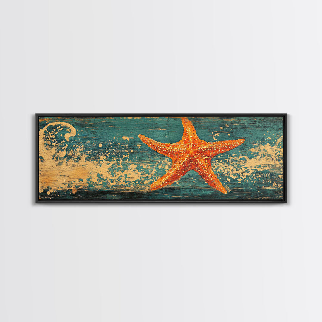 Orange Starfish Wave Wall Art, Coastal Beach Canvas Print, Nautical Bathroom Decor, Tropical Ocean Art For Beach House Decor