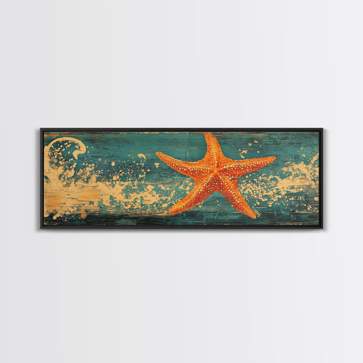 Orange Starfish Wave Wall Art, Coastal Beach Canvas Print, Nautical Bathroom Decor, Tropical Ocean Art For Beach House Decor