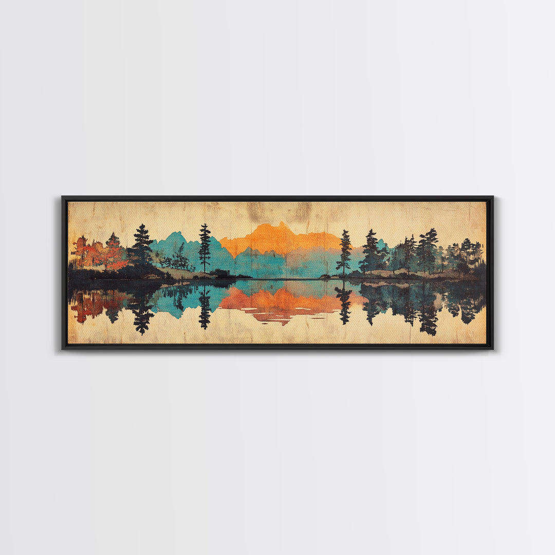 Mountain Lake Reflection Wall Art, Rustic Landscape Canvas Print, Cabin Home Decor, Panoramic Nature Art For Living Room