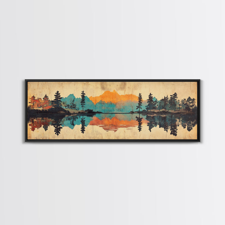 Mountain Lake Reflection Wall Art, Rustic Landscape Canvas Print, Cabin Home Decor, Panoramic Nature Art For Living Room